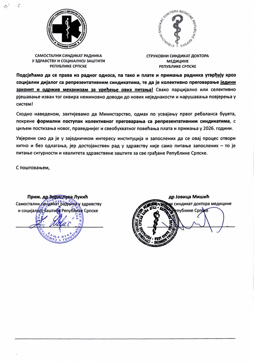 ZSsdmrs's tweet photo. U ime zaposlenih u zdravstvenom sistemu Republike Srpske, pokrenuli smo inicijativu za otpočinjanje kolektivnog pregovaranja radi novog, pravednijeg i sveobuhvatnog povećanja plata i primanja u 2026. godini. Za pravedan dogovor – za dostojanstven rad u zdravstvu! https://t.co/TPYoR9XR4Y