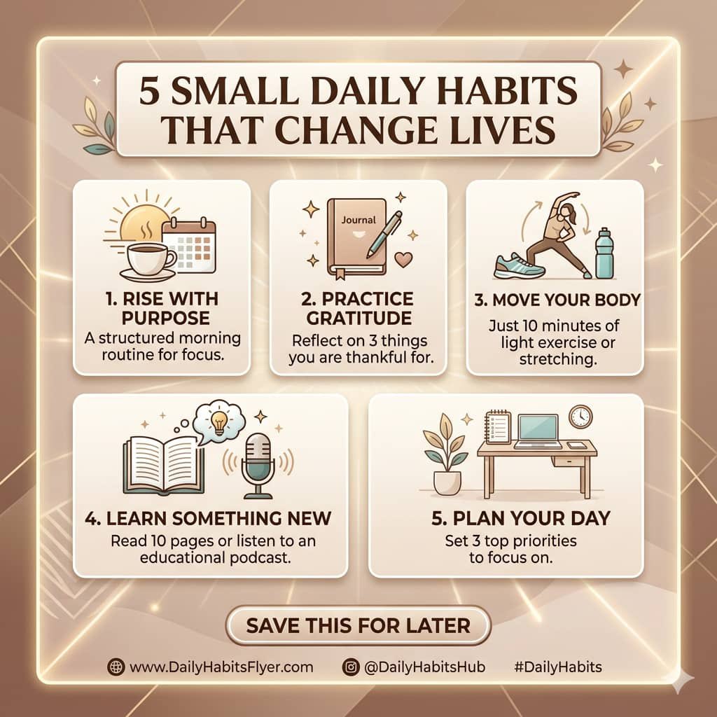 Drkasenene45172's tweet image. Small habits, massive results. Which of these five habits are you focusing on?
#DailyHabits #SelfImprovement #Consistency #MorningRoutine #GoalSetting #SuccessMindset #Gratitude #Wellness #PersonalGrowth