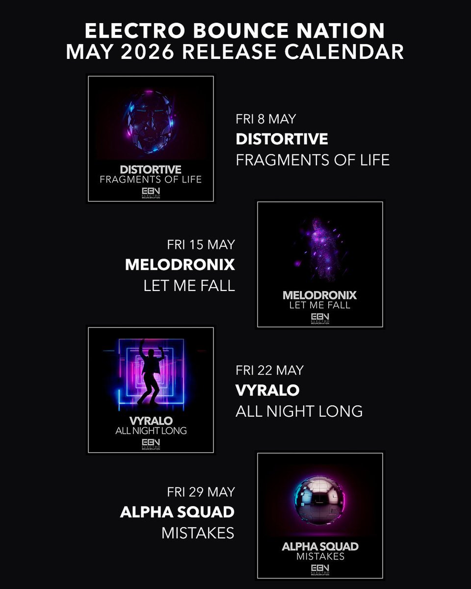 EBounceNation's tweet image. ELECTRO BOUNCE NATION | MAY 2026 RELEASE CALENDAR 🔥
New music every Friday:
8 – Distortive “Fragments of Life”
15 – Melodronix “Let Me Fall”
22 – vyralo “All Night Long”
29 – Alpha Squad “Mistakes”
Follow @EBounceNation 🚀
#EBN #NewMusic #EDM