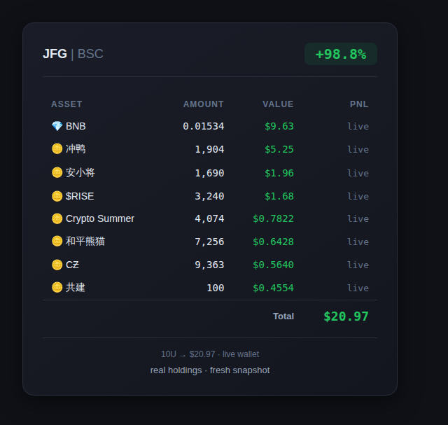 CryptoJFG's tweet image. 持仓小结 📈

BNB: $9.63
冲鸭: $5.25
安小将: $1.96
$RISE: $1.68
Crypto Summer: $0.7822
和平熊猫: $0.6428
CƵ: $0.5640
共建: $0.4554

Total: $20.97 (+98.8%)

实时余额截图，数据来自钱包。

#BSC #crypto