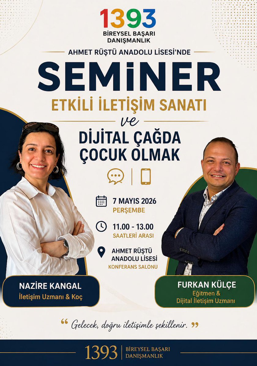 ARAL ev sahipliğinde, 7 Mayıs 2026’da  “Etkili İletişim Sanatı ve Dijital Çağda Çocuk Olmak” konulu Nazire Kangal ve Furkan Külçe tarafından 9 ve 10.sınıf öğrencilerine verilecek seminer,11.00–13.00 saatleri arasında okulun konferans salonunda gerçekleştirilecek.