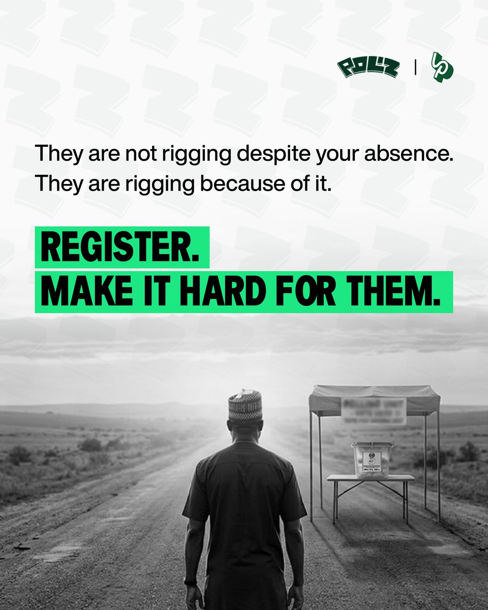 polizng's tweet photo. Low turnout isn’t what happens after rigging.

It’s what makes rigging possible.

Register. Show up. Make the numbers too big to move. https://t.co/DfowGnWtng