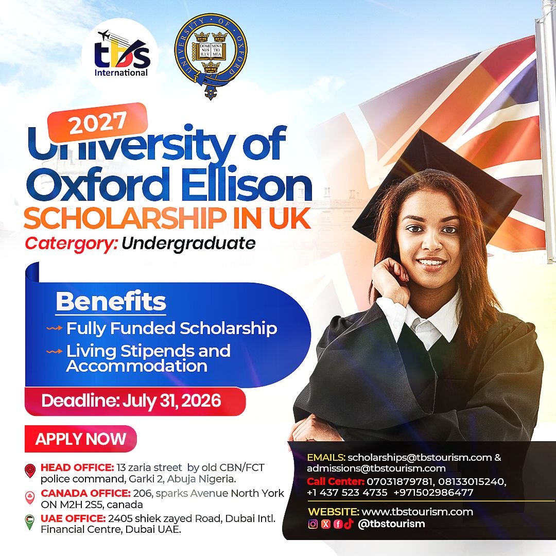 fly_tbsaviation's tweet image. 🎓🇬🇧 Study at University of Oxford with a FULLY FUNDED scholarship!
Apply for the 2027 Ellison Scholarship: ✅ Tuition covered
✅ Living stipend
✅ Accommodation
📩 Book FREE session: tbstourism.com/appointment
📅 Deadline: July 31, 2026
#OxfordScholarship #StudyInUK