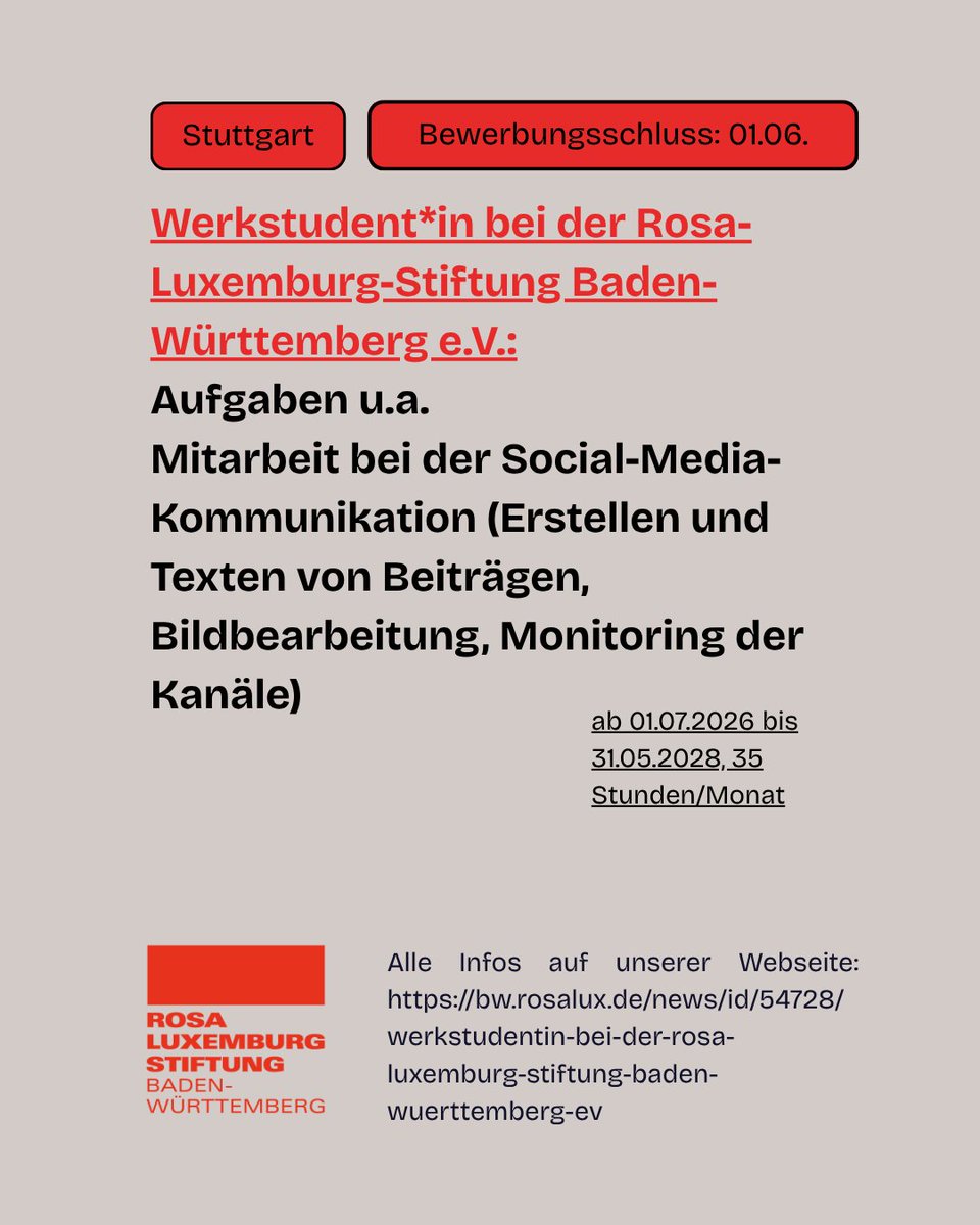 RLSBW's tweet photo. Stuttgart | Bewerbungsschluss: 01.06.

Wie Ihr seht, brauchen wir Unterstützung bei unserer Social-Media-Arbeit 🤓 (u.a.)... Wir suchen eine*n Werkstudent*in! Hier geht’s zur Ausschreibung – wir freuen uns, wenn Ihr diese an Interessierte weiterleitet: https://t.co/nTwj5SXTAx https://t.co/muvb9FN5jK