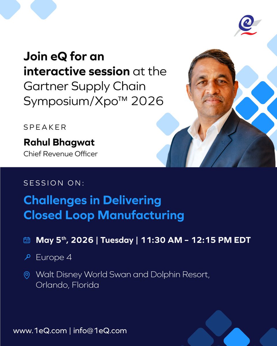 1eQTechnologic's tweet photo. Join us at the Gartner Supply Chain Symposium/Xpo�� 2026 for an insightful session on: Challenges in Delivering Closed Loop Manufacturing

📅 May 5, 2026
⏰ 11:30 AM – 12:15 PM EDT
📍 Walt Disney World Swan and Dolphin Resort, Orlando, Florida
📌 Europe 4

Hear from:
Rahul Bhagwat, Chief Revenue Officer, eQ Technologic
This session will explore challenges, observations, and approaches in building and delivering Closed Loop Manufacturing (CLM) solutions across multi-PLM, multi-MES, and multi-ERP landscapes.

Don’t forget to stop by Booth #925 to meet our team and talk about how to integrate data across PLM, MES, and ERP systems.
https://t.co/lNcMZPVAp5

#1eQ #eQTechnologic #eQubeDaaS #GartnerSC