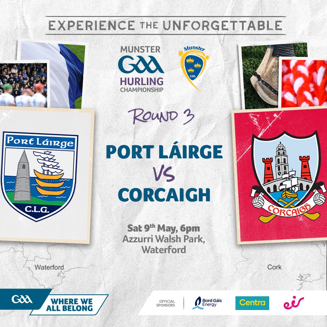WaterfordGAA's tweet photo. Munster Senior Hurling Championship Round 3

🗓️Saturday 9th May @ 6PM
🏟️Azzurri Walsh Park, Waterford
🥎 Waterford v Cork https://t.co/mm8yNy7VLu