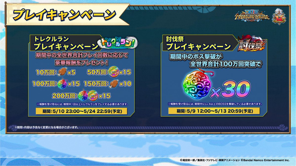 ONEPIECE_trecru's tweet photo. ＼#トレクル12周年 超スゴフェス!!／
 
✨プレイキャンペーン開催✨

目標を全て達成で

🟠トレクルラン
虹の宝石30個、虹の酒場メダル30個、スタミナ肉（大）15個
🟠討伐祭
虹の宝石30個

がもらえる！
プレイして報酬を手に入れよう！

📺視聴はこちら
https://t.co/qIhB6uAnHP

#トレクル #ONEPIECE https://t.co/dUSw9pe6Uv