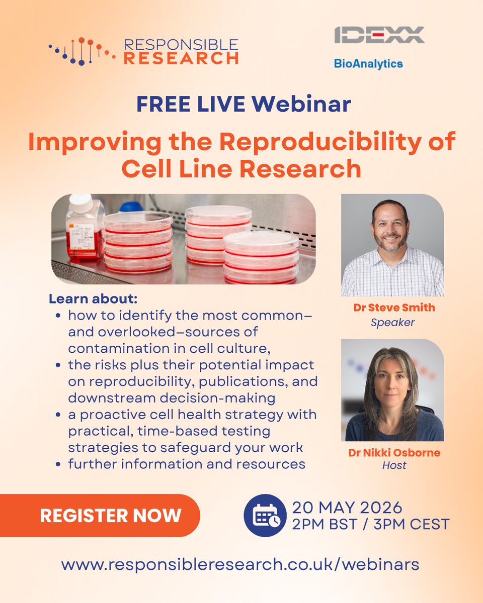 Training4RR's tweet photo. ✨ Improving Cell Line Reproducibility – LIVE webinar 20 May ✨

⏰ Register now ⏰

Join this FREE session to learn how contamination, misidentification &amp; genetic drift impact reproducibility and how to prevent it.

👉 https://t.co/ted7f9er61

#Reproducibility #CPD https://t.co/dv8CPJSH5G