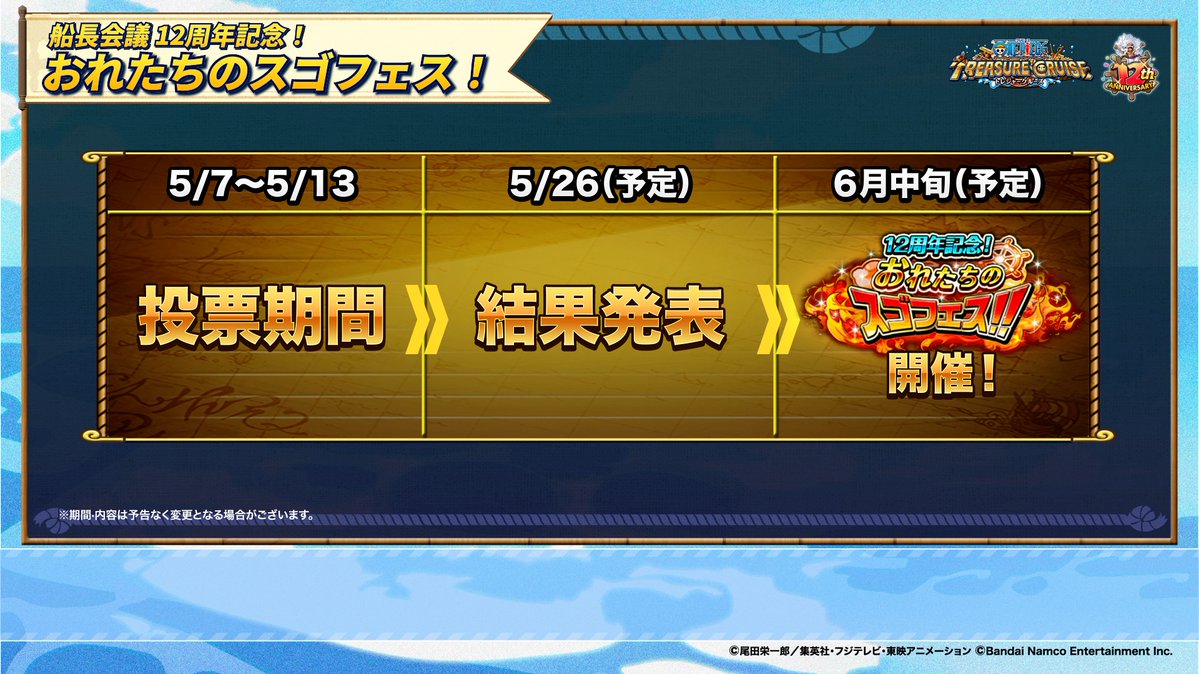 ONEPIECE_trecru's tweet photo. ＼#トレクル12周年 超スゴフェス!!／
 
✨船長会議 12周年記念！おれたちのスゴフェス！✨

10連＋1連無料ガシャ！
投票結果に応じピックアップキャラが変化し、上位10位までのキャラはいずれか1体が確定！
期間内の投票をお忘れなく！

📺視聴はこちら
https://t.co/qIhB6uAnHP
 
#トレクル #ONEPIECE https://t.co/PpTSnRull4