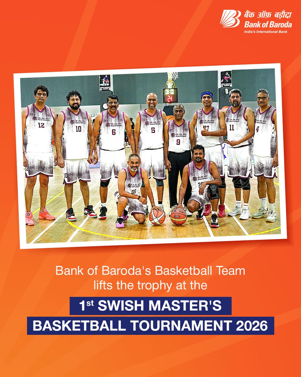 Bank of Baroda’s Basketball Team emerged as champions at the 1st SWISH Masters Basketball Tournament 2026, held at the Jimmy George Indoor Stadium, Trivandrum, from 24th to 27th April.

The team was represented by Mr. Sanjayraj, Mr. Murali Mohan, Mr. Austin, Mr. Stalin, Mr.