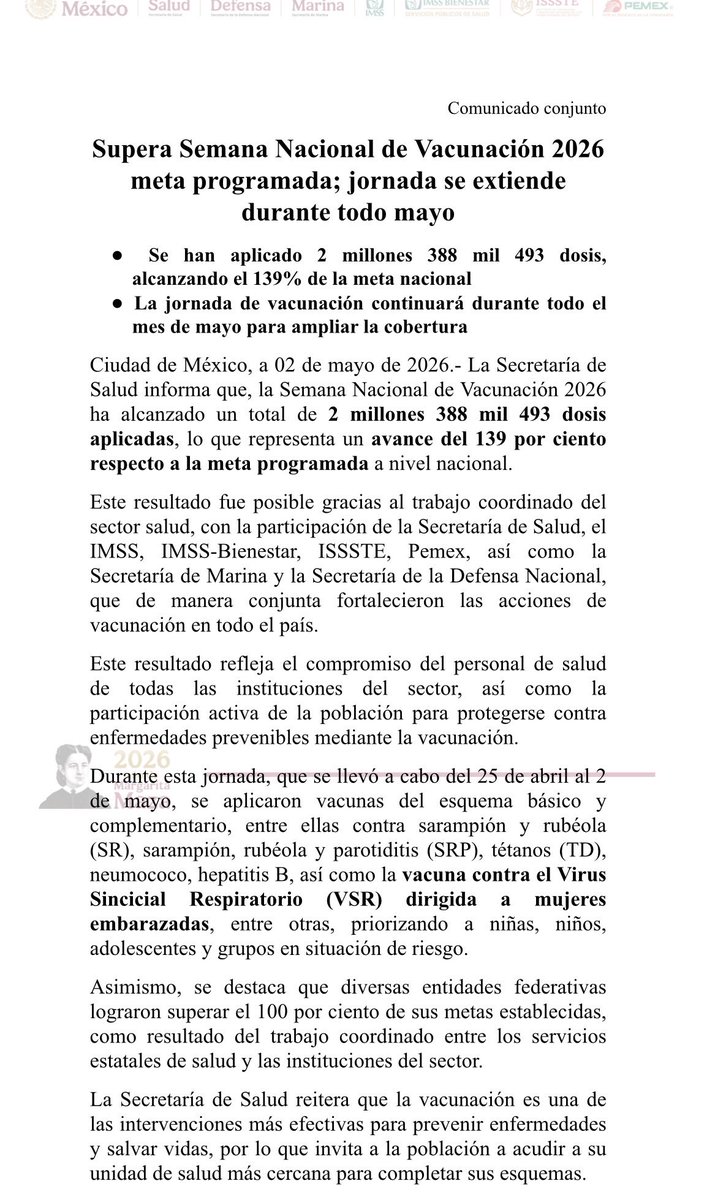 MaribelRCoronel's tweet photo. La @SSalud_mx informó que la Semana Nacional de Vacunación 2026 superó su meta al aplicar 2.38 millones de dosis, lo que equivale al 139% de lo programado a nivel nacional. El resultado se logró con la participación coordinada de distintas instituciones del sector salud y fuerzas armadas, así como por la respuesta de la población.