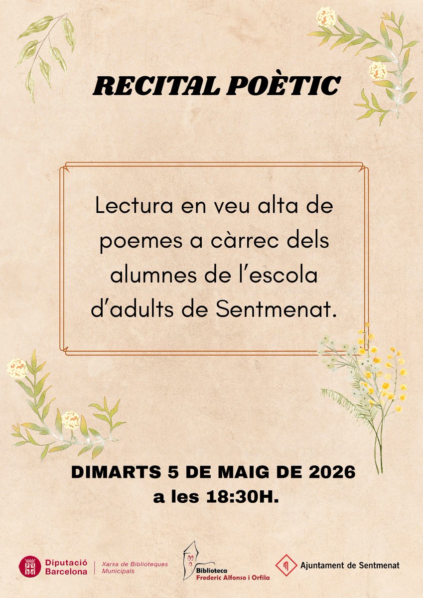 📢Aquesta tarda a les 18:30 alumnes de l'escola d'adults de #Sentmenat duran a terme un recital poètic. 

No us el perdeu. Tenen molt talent!

#BibliotecadeSentmenat
