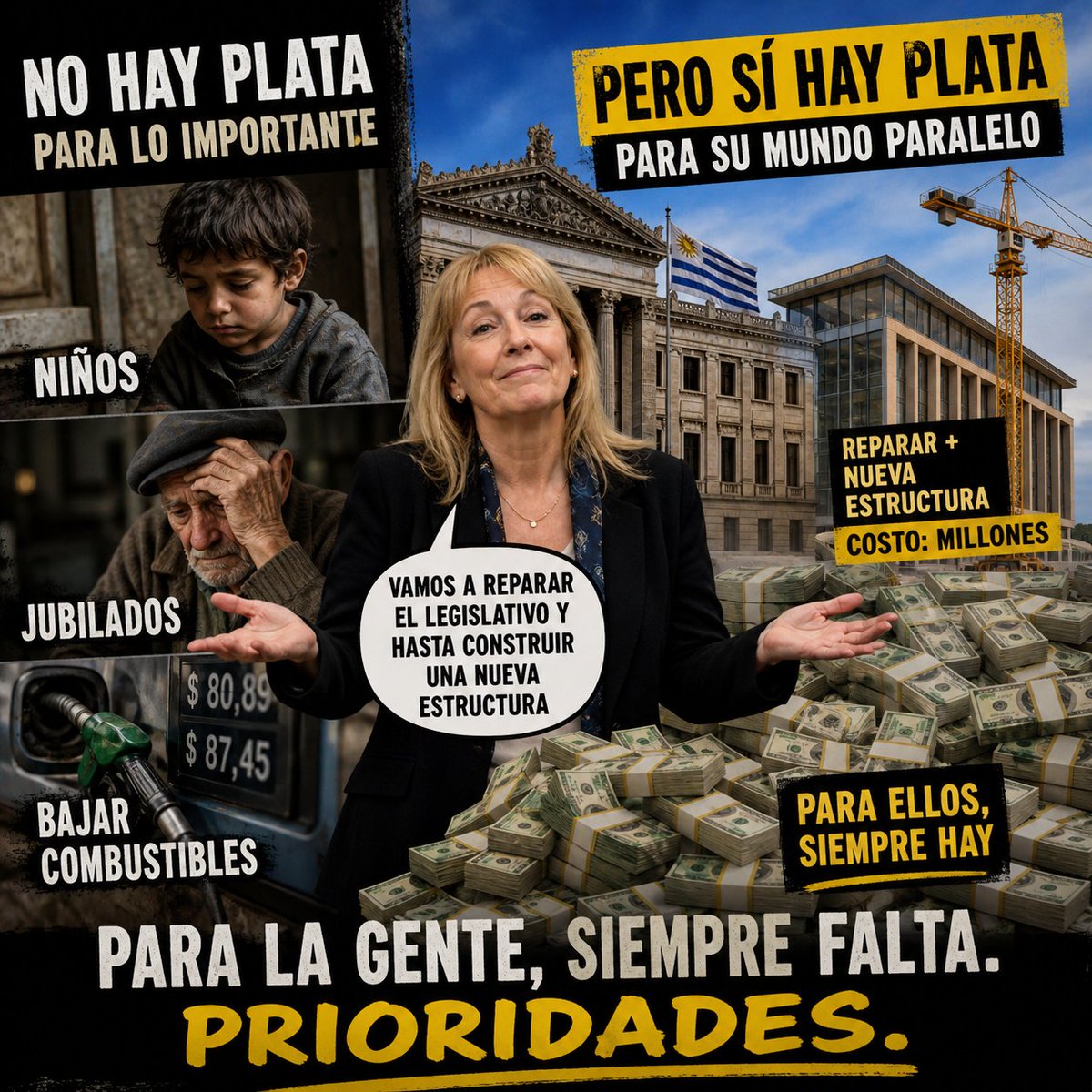 No hay plata para niños, jubilados ni para bajar combustibles… pero sí para reparar el Legislativo y hasta construir una nueva estructura, como plantea Carolina Cosse.
Para ellos, siempre hay. Para la gente, siempre falta.
Prioridades.