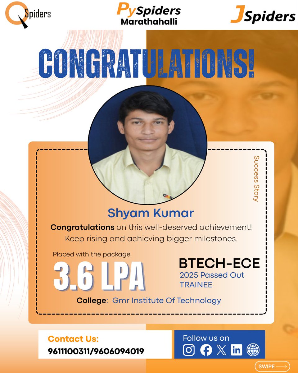 JspMarathahalli's tweet image. Congratulations, Shyam Kumar, on your achievement! 🎉
.
.

#jspidersmarathahalli #placementsuccess #congratulations #careergrowth #freshersjobs #itjobs #successstory