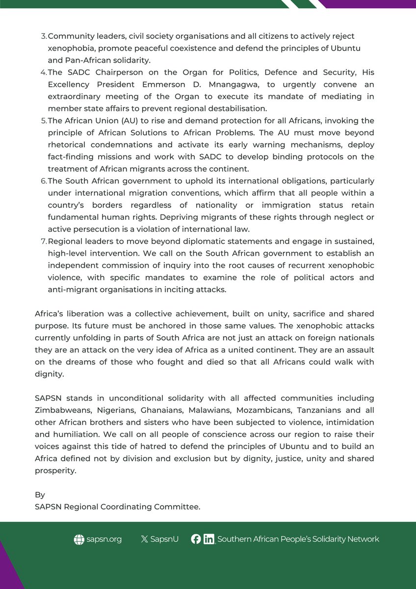 SAPSN99's tweet photo. The Southern Africa People Solidarity Network (SAPSN) strongly condemns the escalating wave of xenophobic and Afrophobic attacks targeting foreign nationals across South Africa. 

Read our full statement here ⤵️ https://t.co/dwoRUp1H6U
