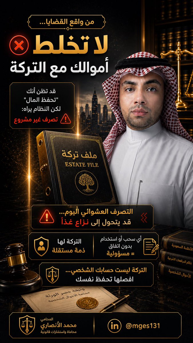 mges131's tweet photo. أخطر خطأ يقع فيه البعض: خلط أمواله مع #التركة قبل القسمة.
 
قد تظن أنك “تحفظ المال”
لكن النظام يعتبره تصرف غير مشروع.

التركة لها ذمة مستقلة
وأي تصرف بدون اتفاق = بداية نزاع.

ابدأ بالإجراء الصحيح
تحفظ حقك وتغلق باب الخلاف
#قضايا #محاماة #محمد_الانصاري https://t.co/OirrSs1sUM