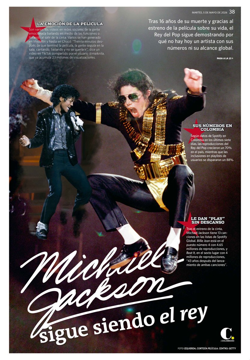#ContraportadaEC I 🎙️✨ Michael Jackson sigue siendo el rey. Tras 16 años de su muerte y gracias al estreno de la película sobre su vida, el Rey del Pop sigue demostrando por qué no hay hoy un artista con sus números ni su alcance global.  ➡️ elcolombiano.com