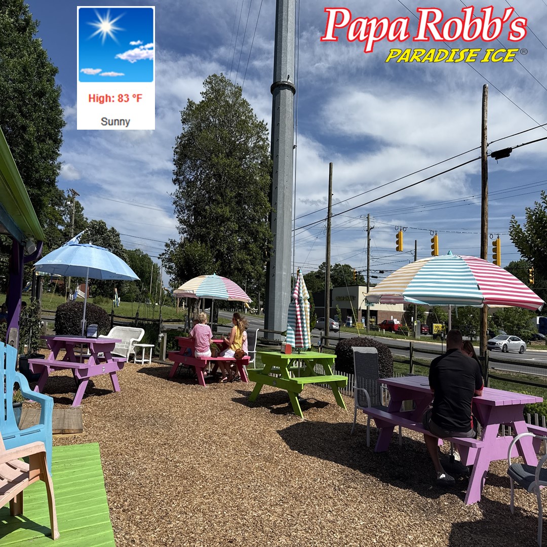 Good Morning Concord. It's Tuesday and going to be a pretty day for a treat. Clear and 83 today. Hope to see you soon. 12 till 9pm. 3700 Poplar Tent Road at Eva Drive, Concord, NC 
#PapaRobbs #Playground #PapaRobbsParadiseIce #BananaSplit #IceCreamShop #ConcordNC #Dessert