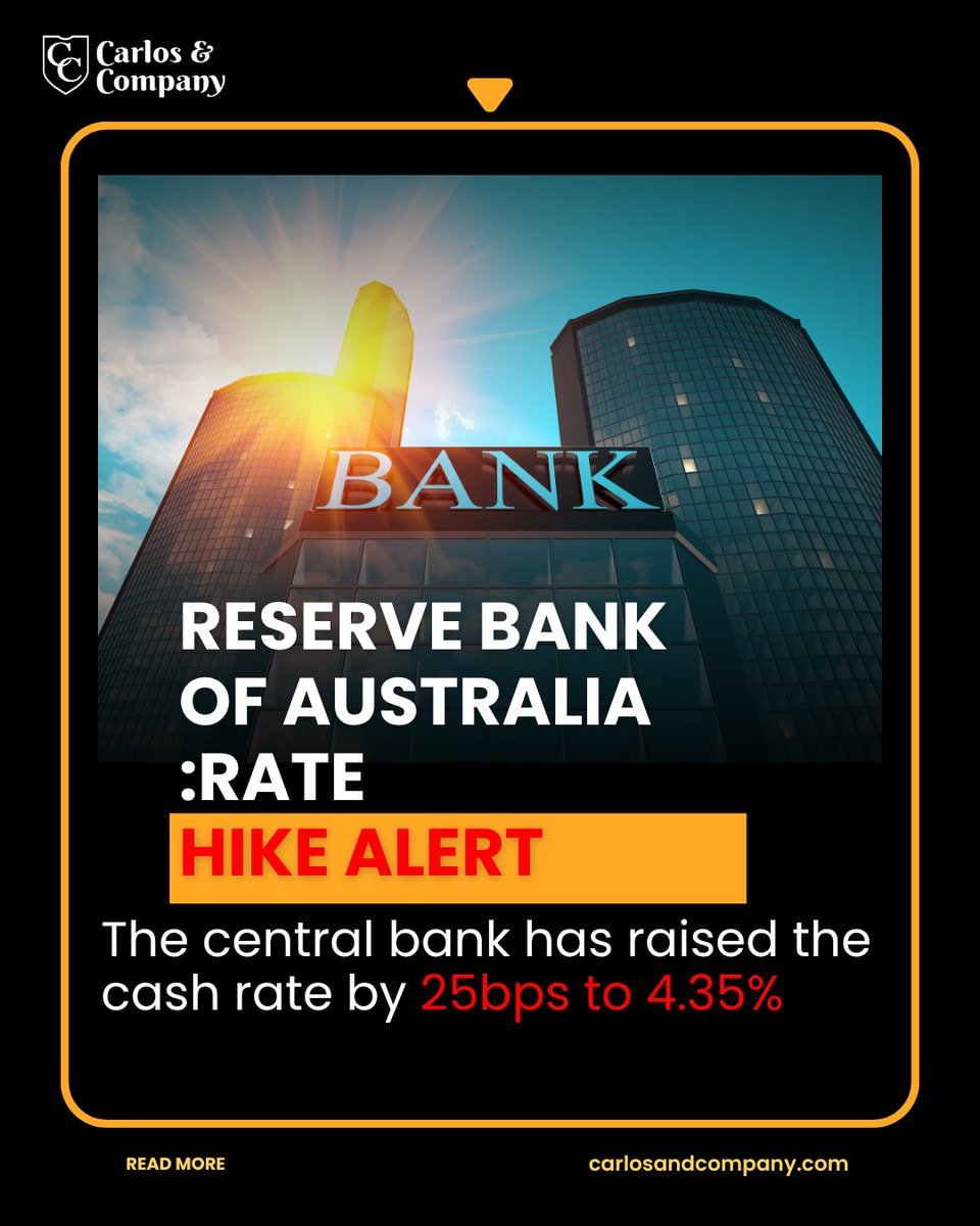 carlosandcompny's tweet image. Central Bank Update

The Reserve Bank of Australia hikes rates to 4.35%, signaling persistent inflation pressures.

⚠️ Market Impact:
💱 AUD → volatility
📉 Equities → pressure
📈 Bonds → higher yields
Policy tightening is back in focus.

#RBA #Interestrate #Australia #AUD