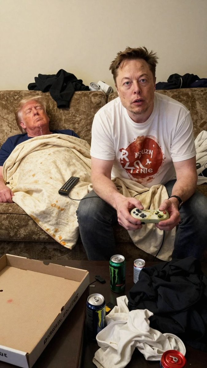 zelalemAshe's tweet image. You just know this was after a 12-hour session of building a virtual border wall in Minecraft. The pizza is cold, grandpa is asleep under a literal burrito blanket, and Elon's holding onto the controller for dear life. 🍕🌯🎮 #AIart #ElonMusk #Trump