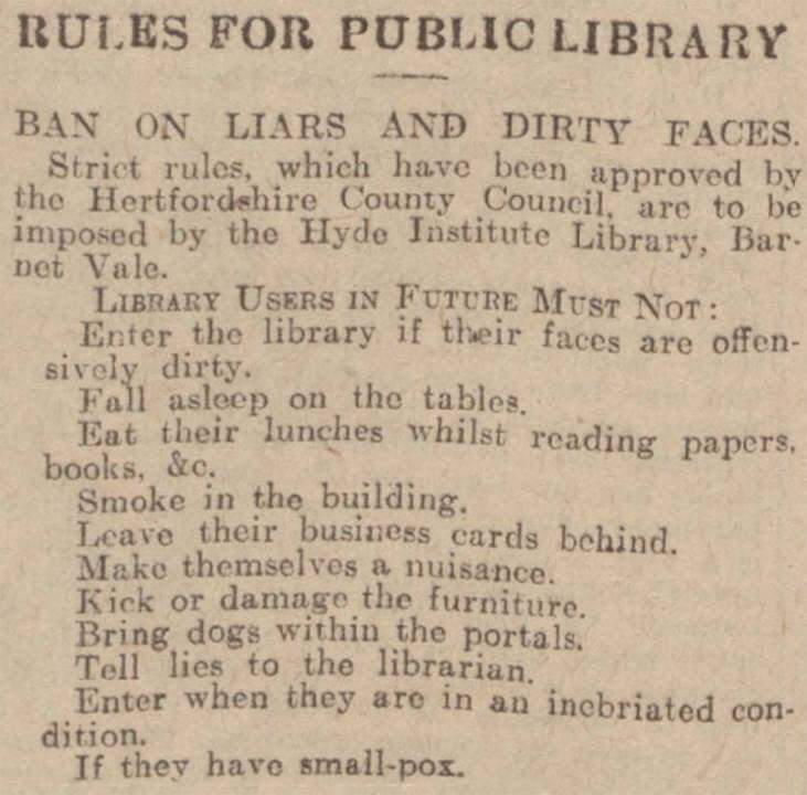 CzytamJestem's tweet image. #Hertfordshire #library #books #reading

No Dirty Faces in Library. And You May Not Tell Lies To The Librarian. From a 1930 edition of the Nottingham Post