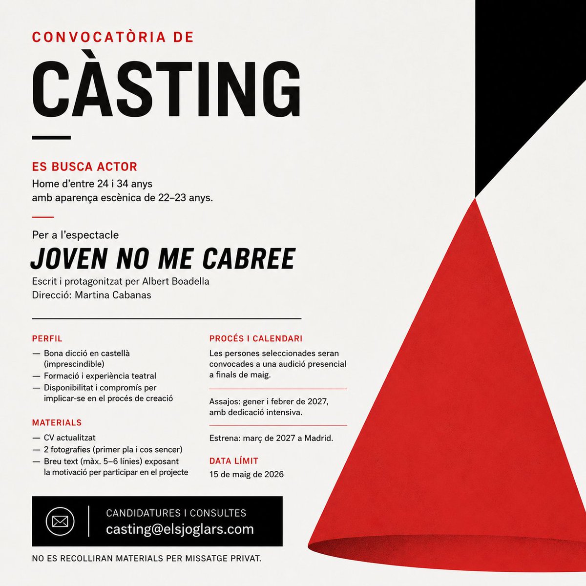 MartinaCollell's tweet photo. Obrim convocatòria de càsting per a Joven no me cabree, escrit i protagonitzat per Albert Boadella, que dirigiré aquest gener.

Info a la imatge.
Candidatures: casting@elsjoglars.com https://t.co/PVNh0vWT4f
