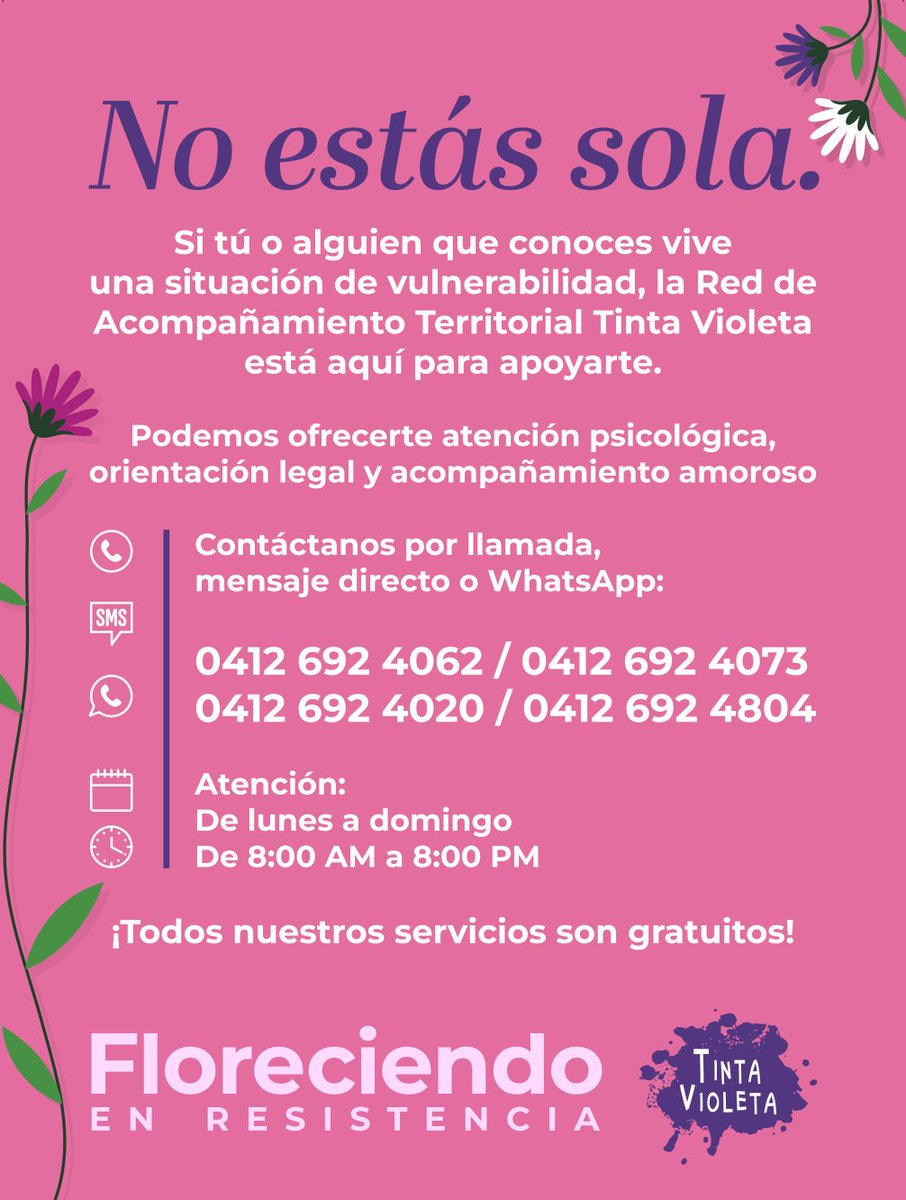entintavioleta's tweet photo. ♀️La Red de Acompañamiento Territorial, plataforma que agrupa a distintas colectivas para brindar apoyo a mujeres y NNA, pone a disposición estos números de atención.

📲 Por SMS, WhatsApp y llamadas
⏰ De 8 am a 8 pm
🆓 Servicios gratuitos https://t.co/U2CAeJ8fdM