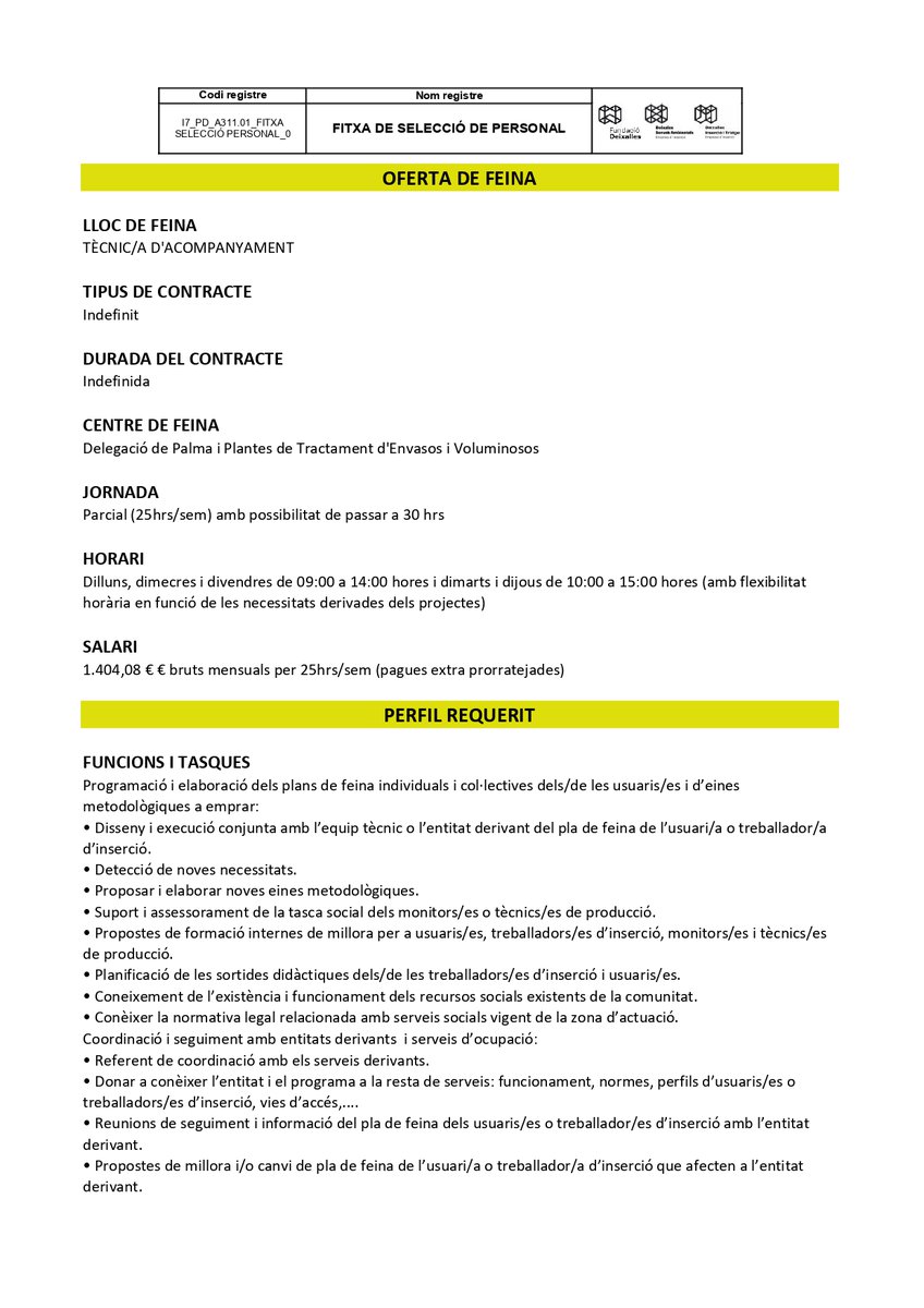 Deixalles's tweet photo. 💶 1.404,08 € € bruts mensuals per 25hrs/sem (pagues extra prorratejades)   Presentar el seu currículum abans del dia 12/05/2026 a les 15:00 hores a la següent adreça : administraciopalma@deixalles.org
indicant a l'assumpte "Oferta de Feina Tecnic-a d’Acompanyament" https://t.co/XZkUqgX9xO
