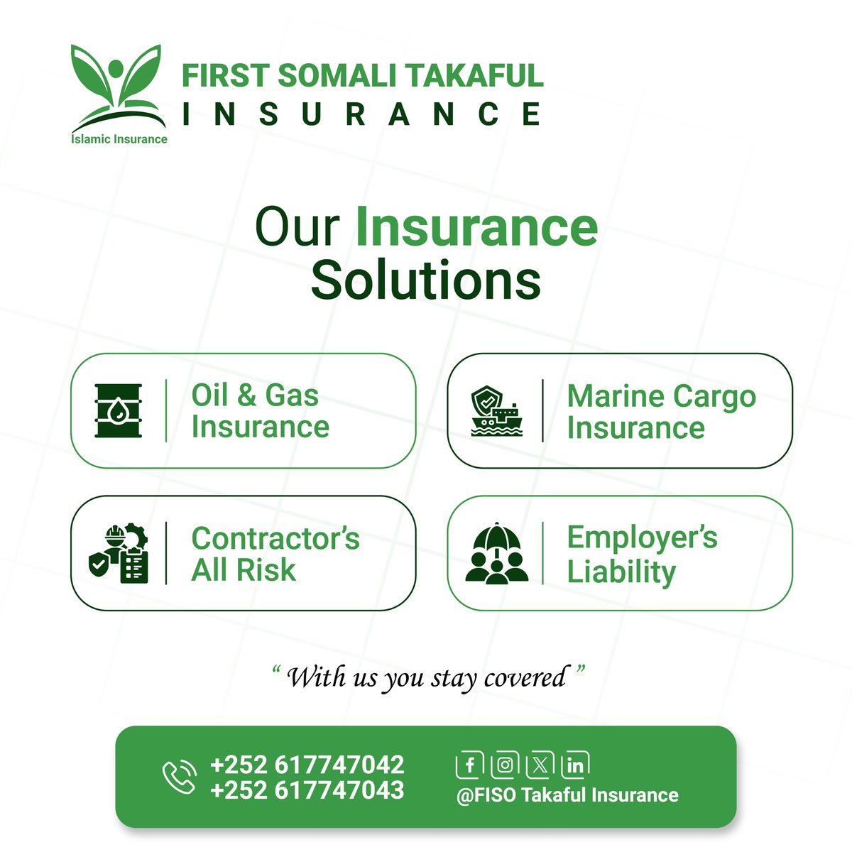 SomaliRe's tweet photo. Protecting your business. Securing your future.

𝐅𝐢𝐫𝐬𝐭 𝐒𝐨𝐦𝐚𝐥𝐢 𝐓𝐚𝐤𝐚𝐟𝐮𝐥 𝐈𝐧𝐬𝐮𝐫𝐚𝐧𝐜𝐞 offers reliable and Sharia-compliant protection for Oil &amp; Gas, Marine Cargo, Contractors, and Employers.

Your safety is our responsibility.

#firstsomalitakafulinsurance https://t.co/qGgtf77ssK