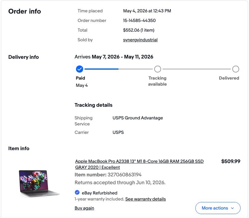 Get your direct US used MacBooks from eBay at the best rates through <a href="/dbayexquisite/">D'BAY-EXQUISITE LIMITED</a> let’s get it shipped and delivered to your doorstep.

Order Placed For:

MacBook Pro M1 13”  16/256GB

Price: N822,569

Kindly note that prices are not constant, and the shipping fee is calculated
