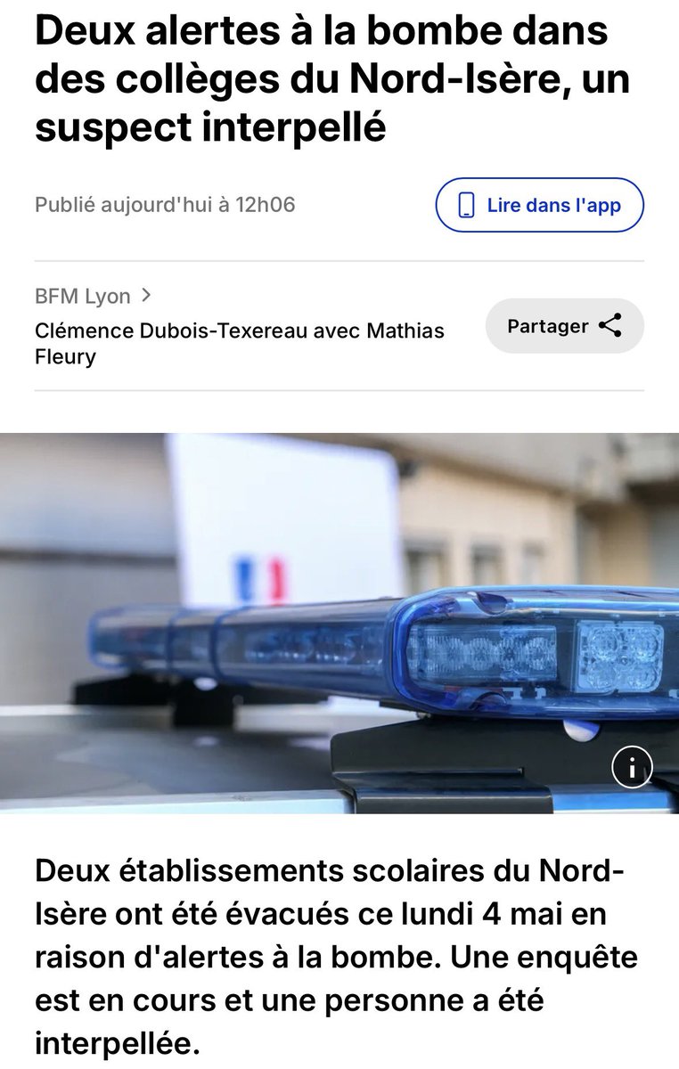 2 alertes à la bombe dans des collèges du Nord-Isère : saluons la réactivité des forces de l’ordre et des secours.
Leur engagement rappelle une évidence : la sécurité de nos enfants doit rester une priorité absolue et les moyens pour y parvenir doivent être à la hauteur !