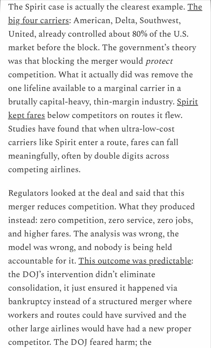 sarthakgh's tweet photo. “When Democratic Socialists who hate free market capitalism push to block deals, they do something worse than inconveniencing shareholders, they hurt the workers they claim to represent….The jobs that vanished, the equity that evaporated, the routes that disappeared, they’re the cost of policy driven by ideology rather than outcomes.”

“The reflexive interventionism that’s been normalized in progressive regulatory circles, wrapped in “consumer-protection” language while union lobbyists and political point-scorers cheer from the sidelines, keeps producing results that hurt everyone. And the people who pay are never the politicians. They’re the workers who lose jobs, the founders and employees whose equity disappears, and the consumers who pay higher prices, frequently for scarce or worse products.

At some point the question isn’t “should this deal happen?” It’s whether we trust markets or bureaucratic committees more to allocate the future, and if we want to take a step towards freedom or tyrannical state control. Committees don’t have a great track record or even the right incentive structure to make the right calls. They’re working from static models in a dynamic world, insulated from consequences, with every institutional incentive to intervene, score political points and look busy mucking with a productive system— and none to ever admit they were wrong. On the other hand, the freer American markets are and people actually in the game building the world aren’t nanny-stated to death, the more we all prosper.”