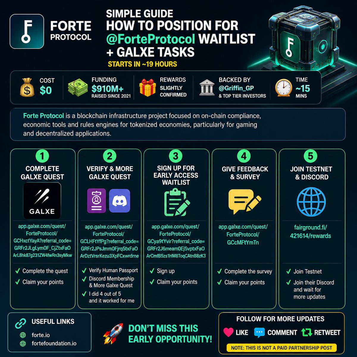 abdullgwamna1's tweet photo. 🚨 SIMPLE GUIDE: How to position for @ForteProtocol waitlist + Galxe tasks

⏳ Starts in ~19 hours
💰 Cost: $0
⏱ Time: ~15 mins

Forte Protocol is building blockchain infrastructure for compliance, gaming economies & tokenized systems.

💵 Raised: $910M+ since 2021
🏦 Backed by @Griffin_GP & top-tier investors
💳 Rewards: Slightly confirmed 👀

Follow these steps to secure your position 👇

1️⃣ Complete Galxe Quest
👉 https://t.co/SjUUNzvvwz
✔️ Complete task
✔️ Claim points

2️⃣ More Tasks
👉 https://t.co/SNx4e1lTKd
✔️ Verify passport
✔️ Join Discord
✔️ Complete tasks (I did 4/5 — worked)

3️⃣ Join Waitlist
👉 https://t.co/8S8Z6Mm1Hu
✔️ Sign up
✔️ Claim points

4️⃣ Feedback & Survey
👉 https://t.co/PrumEwaWwm
✔️ Complete
✔️ Claim points

5️⃣ Join Testnet
👉 https://t.co/DgOa1uLdWI
✔️ Join Discord & stay active

More info:
🌐 https://t.co/yiA9qU2ZPL
🌐 https://t.co/YtPbluC6DK

Don’t miss this early opportunity 🚀

Follow for more updates 🔔
Like • Comment • Retweet

(Not a paid promotion)

#Forte #Testnet #Airdrop