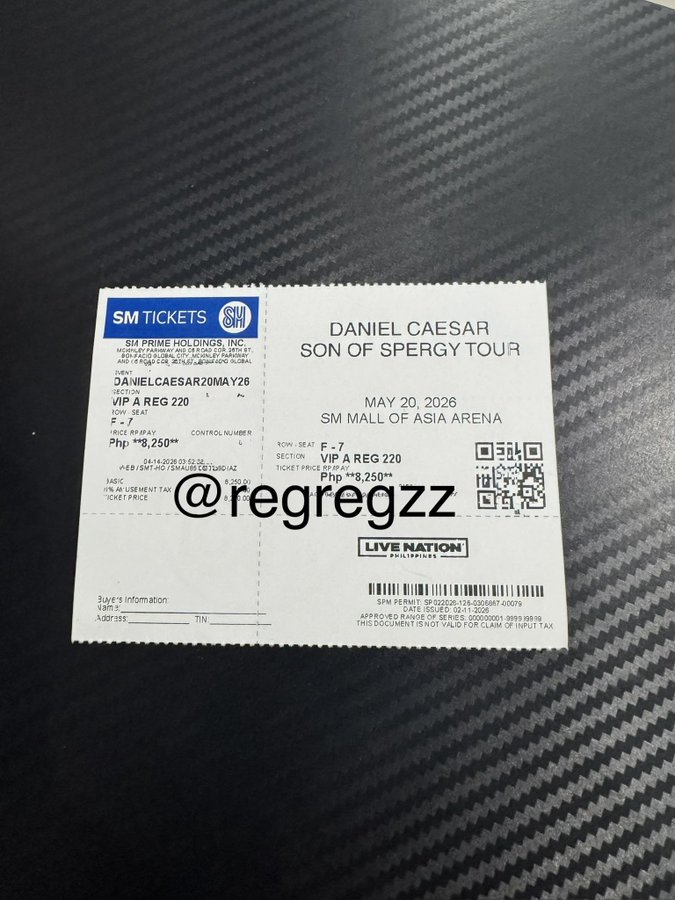 regregzz's tweet photo. wts lfb daniel caesar tix ticket  

Available VIP Reg 220 for May 20  

Row F Seat 7  

Prefer to meetup at SM Aura or Venice Mall.  

Please RT.  DM me if interested. https://t.co/OuEj3SNHca