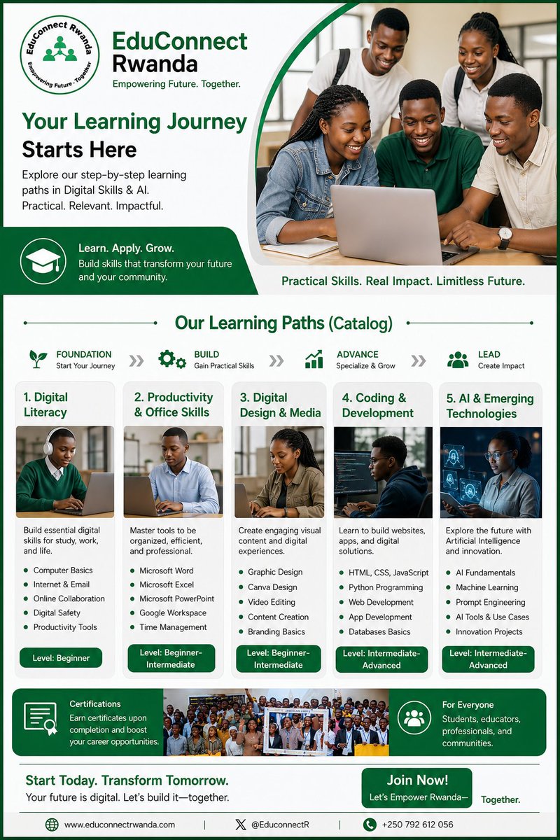 EduconnectR's tweet photo. FROM ZERO TO HERO WITH EDUCONNECT RWANDA 

At EduConnect Rwanda, we guide you step-by-step from beginner to job-ready in Data Science, AI, and Software Development.
💡 Learn. Practice. Succeed.
📈 Build real-world skills that employers need.
👉 Enroll today and start your journey https://t.co/f64iE5cwcr