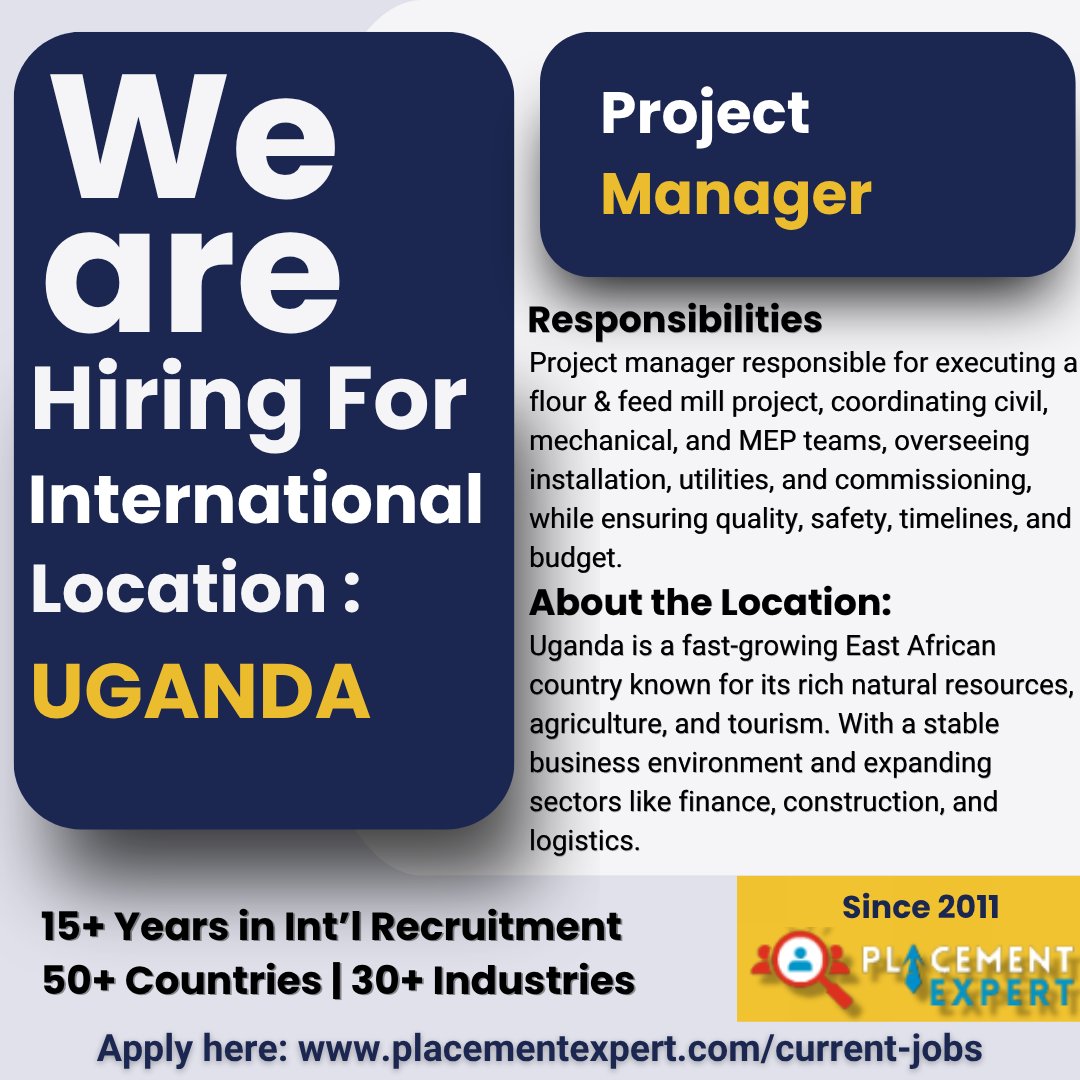 placementxpert's tweet photo. 🚀 Looking to take your career to the international level?

We are hiring Project Manager for our international client in Uganda.

For more visit: https://t.co/cgSnVDjuif

#placementexpert #Hiringfromindia #currentjobs #JobOpportunity #ProjectManager #InternationalJobs #ApplyNow https://t.co/JV3SyD4RDa