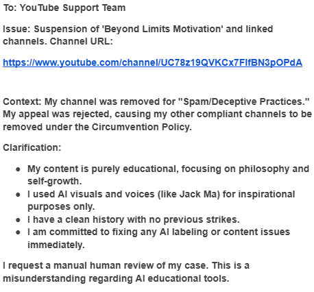 AruzaMatti51951's tweet photo. Hi @TeamYouTube, my channel was removed due to a misunderstanding regarding AI educational content. My other linked channels are also gone. Please see the attached image for full details and help me with a manual review.URL: https://t.co/ev20Hy2WB9 #HelpYouTube https://t.co/RzroPnFg1v