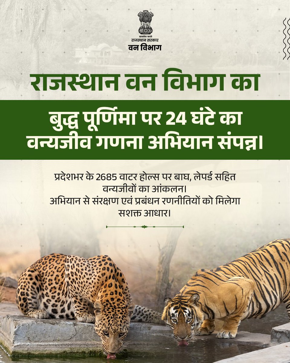 ForestRajasthan's tweet image. जब वन्यजीव जल स्रोतों के समीप आते हैं, तभी उनकी उपस्थिति को सबसे सटीक तरीके से समझा जा सकता है। इसी उद्देश्य के साथ बुद्ध पूर्णिमा के अवसर पर प्रदेशभर में 24 घंटे का विशेष वन्यजीव गणना अभियान सफलतापूर्वक संचालित किया गया।
#WildlifeCensus #Conservation #Biodiversity