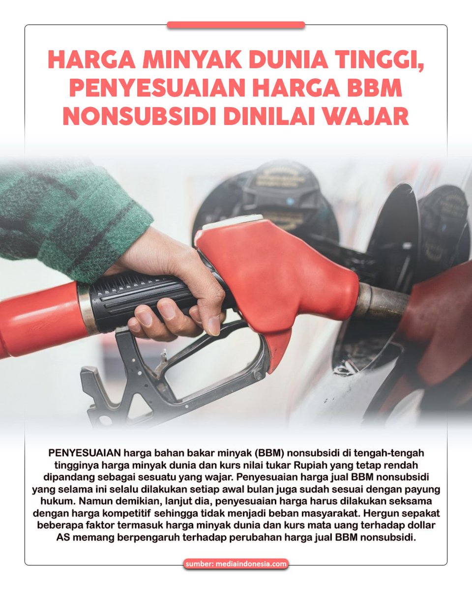 facilitgy's tweet photo. Harga minyak dunia lagi tinggi, jadi penyesuaian BBM nonsubsidi dinilai wajar. Tapi tetap harus dijaga biar nggak terlalu membebani masyarakat. Keseimbangan harga vs daya beli jadi kunci. https://t.co/C6L7fsMNmB