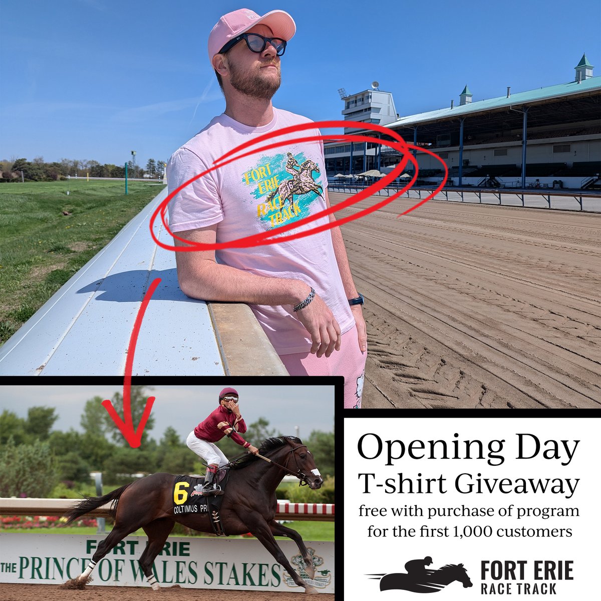 Forterieracing's tweet photo. Our new Opening Day t-shirts have arrived, featuring one of Fort Erie Race Track's most iconic images: Eurico Rosa da Silva blowing a kiss to the crowd as he wins the Prince of Wales Stakes with Coltimus Prime.
Free with purchase of program on Opening Day (May 31) for the first 1,000 customers. Limit one per customer.
And yes, it's available in green if you don't like the pink.
