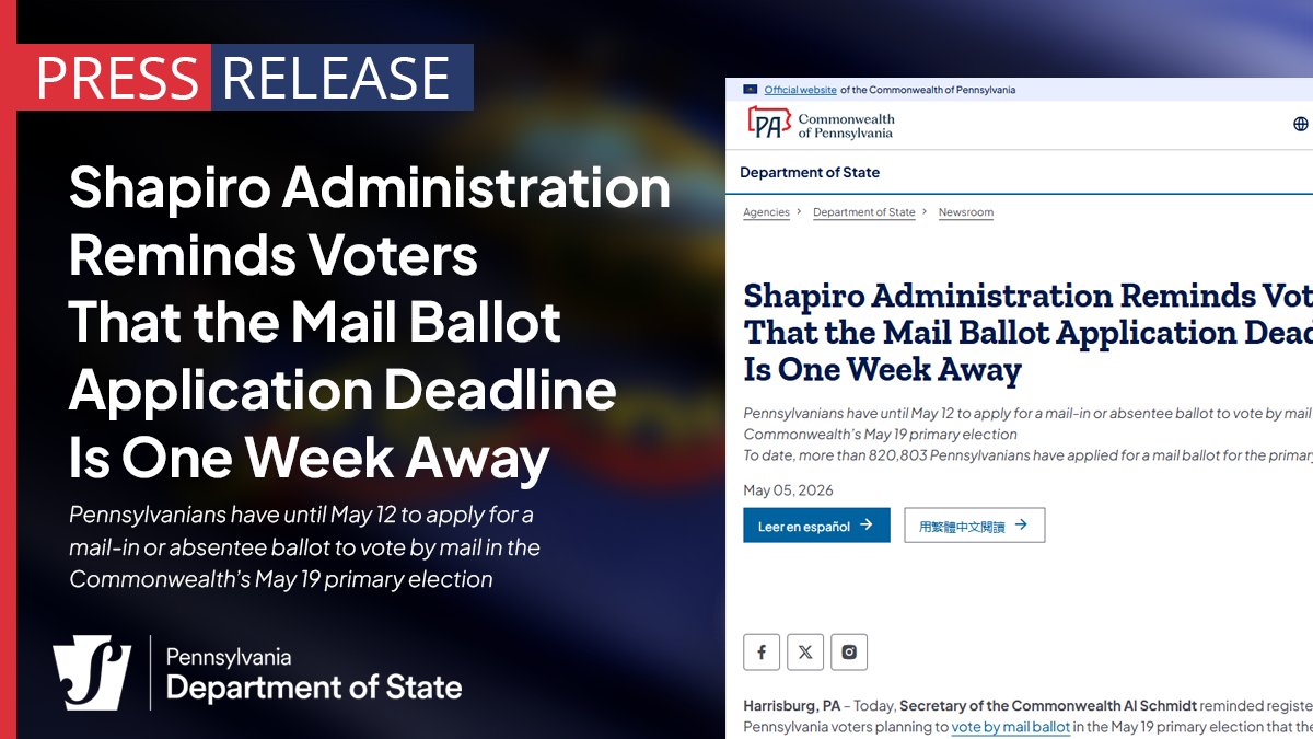 PAStateDept's tweet photo. Secretary Al Schmidt reminded registered Pennsylvania voters planning to vote by mail ballot in the May 19 primary election that they must apply for their ballot online or in person by May 12. 

Read more: https://t.co/IqP1G5SU9N https://t.co/gaYRNFkWCK