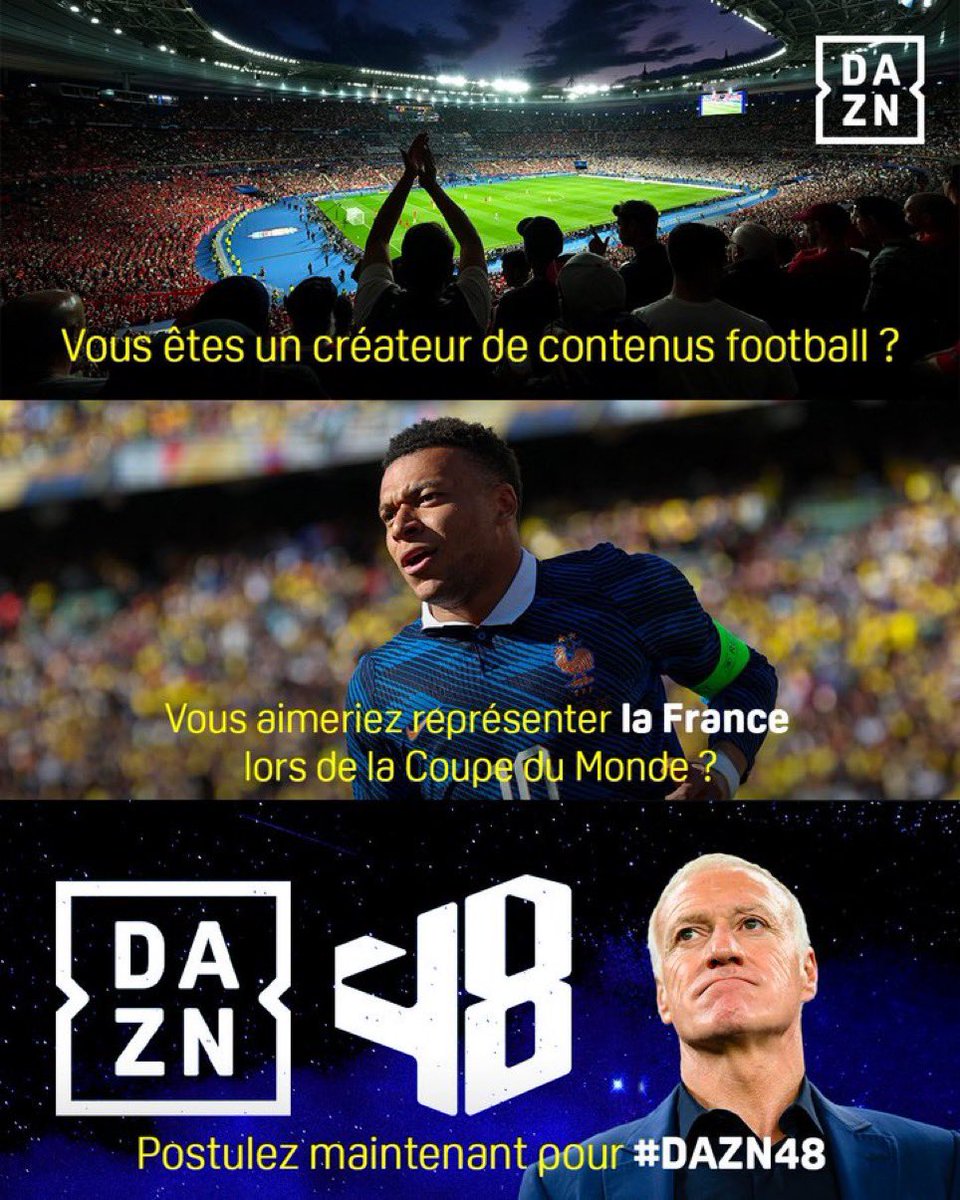 ActuFoot_'s tweet image. TU RÊVES DE REPRÉSENTER TON PAYS À LA COUPE DU MONDE EN TANT QUE CRÉATEUR DE CONTENU ? 🤩

#DAZN48 est pour toi (ou pour celui que tu connais et qui doit saisir sa chance). 🫵

DAZN recherche 48 créateurs de contenu pour les 48 pays du Mondial. 

LA FRANCE 🇫🇷 CHERCHE ENCORE SON