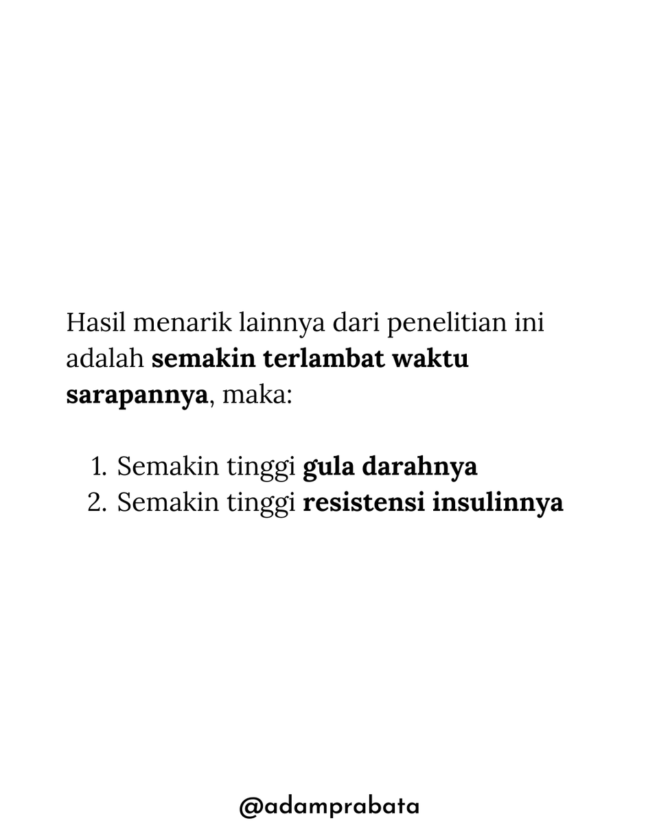 Gua Berusaha Sarapan Sebelum Jam 08:30 Pagi Setelah Baca Jurnal Ini

Jadi ada penelitian menarik yang menunjukkan adanya asosiasi antara waktu asupan nutrisi pertama dengan kondisi metabolisme gula seseorang.

Hasil penelitiannya menunjukkan bahwa 𝗼𝗿𝗮𝗻𝗴 𝘆𝗮𝗻𝗴