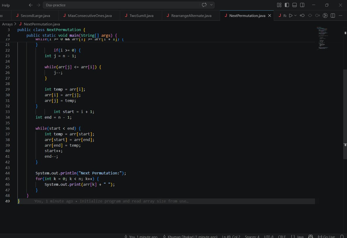 thekhuman__'s tweet image. 🚀 Day 137: Next Permutation! 🧠
Mastered the lexicographical algorithm in Java today. 💻 Finding the break point, swapping, and reversing for an O(n) solution. 📈 Pushed to GitHub as I grind toward MNC goals!
What's your favorite array challenge? 👇
#Java #DSA #MCA #Coding #MNC