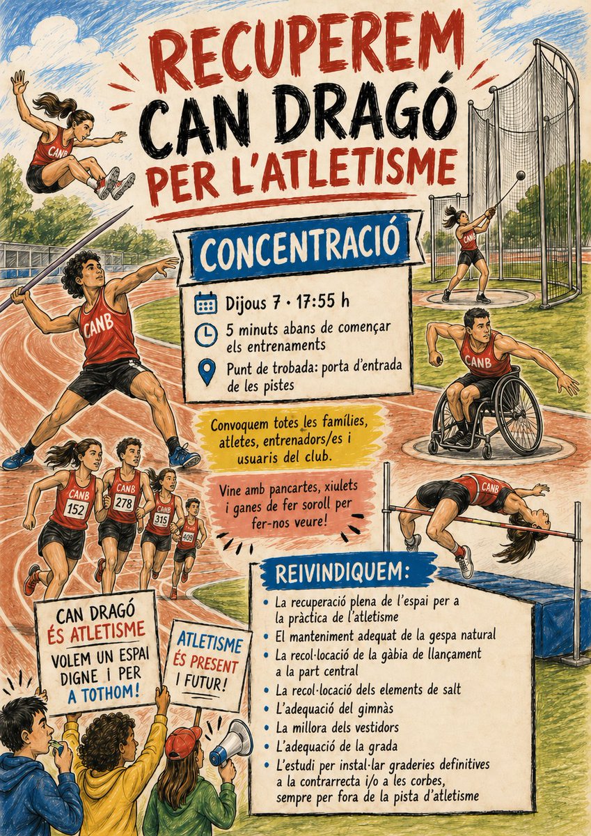 Amb el lema 'Recuperem Can Dragó per a l’atletisme', el Club d’Atletisme Nou Barris convoca families i veïnes per reivindicar la dignificació de l’espai un cop marxi l’Europa. Dijous 7 de maig, 17:55 a la porta d’entrada de les pistes. 🏃‍♀️🤸‍♂️