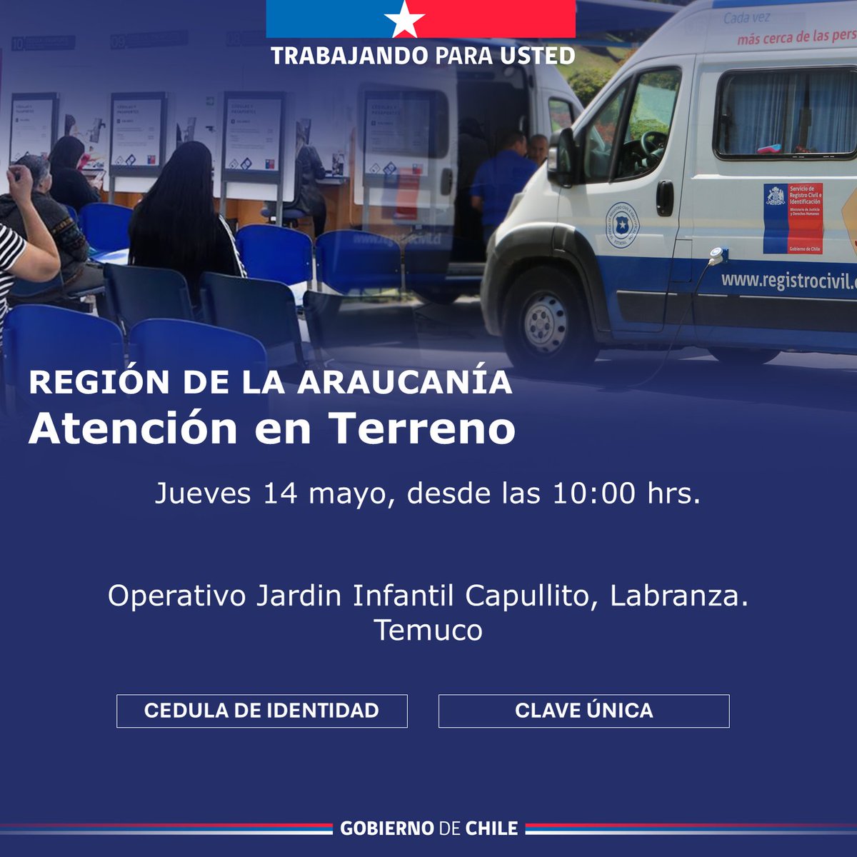 📢 Actualización de Atención en Terreno
Informamos a la comunidad que el 14 de mayo, nuestro equipo estará presente en Labranza, Temuco, desde las 10:00 hrs. Acercando nuestros servicios, a través de operativos en establecimientos educacionales y espacios comunitarios.