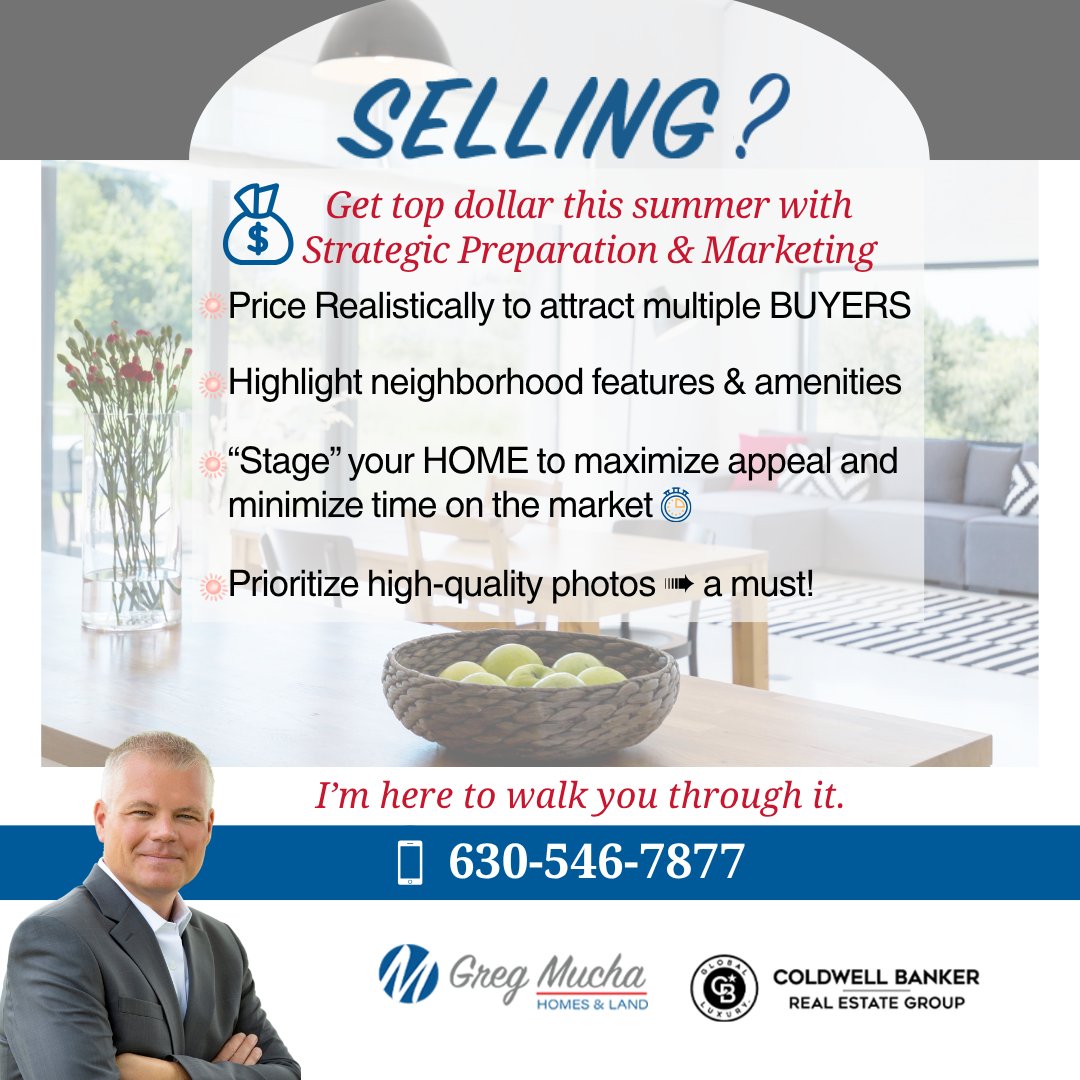 GregMucha's tweet photo. 🏡SELLING? 💲Get top dollar this summer with strategic preparation & marketing. HOW? ➠Price Realistically to attract multiple BUYERS
➠Highlight neighborhood features & amenities
➠“Stage” your HOME to maximize appeal and minimize time on the market 
➠Prioritize high-quality photos ➠ a must!
I’m here to walk you through it.  ➩Helping you with HOMES in Lemont • Homer Glen • Orland Park • Lockport   ☎��630-546-7877  #mucharealestate #muchahomes  #cb #lemont #lockport #homerglen #orlandpark #lemontrealtor #homerglenrealtor #chicagolandrealtor #cbluxury  #ChicagolandHomes #GregMuchaRealtor #MovingToLemont #LemontCommunity #HomeBuyers #LemontLife