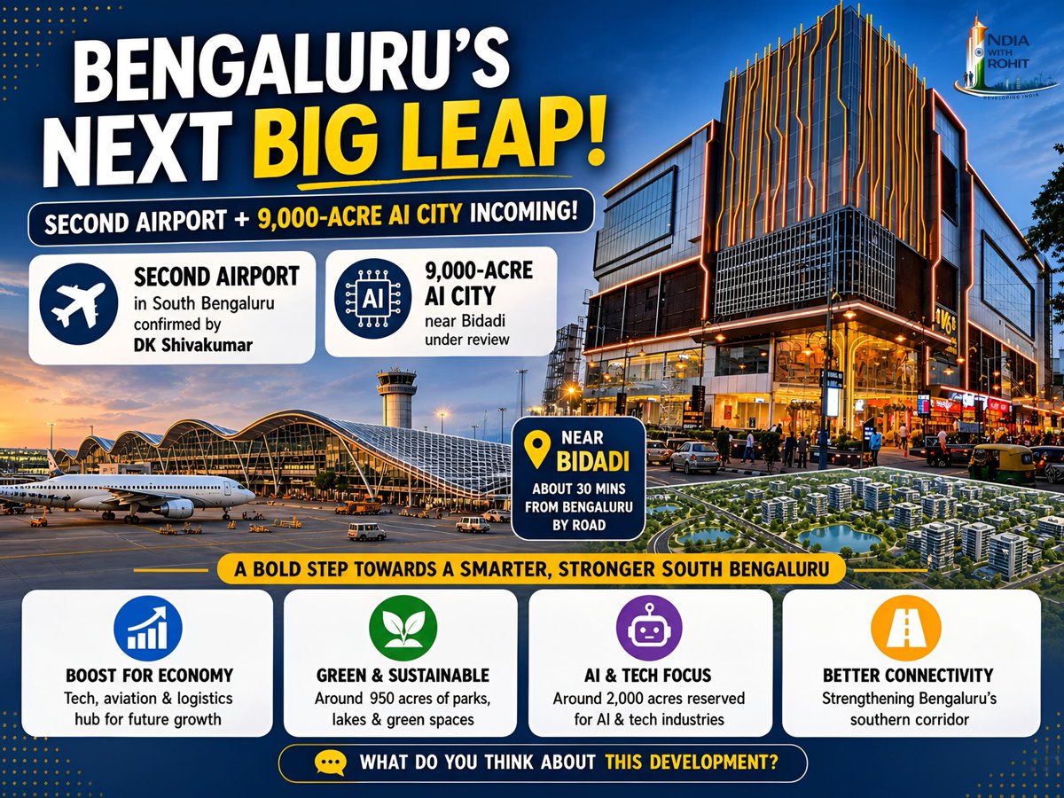 IndiaWithR9463's tweet image. Bengaluru’s next big leap is going to happen with a plan for its second airport + a 9000 acres Ai City in South Bengaluru. 

#bengaluru #newairport #Aicity #southbengaluru #karnataka #India #developingindia