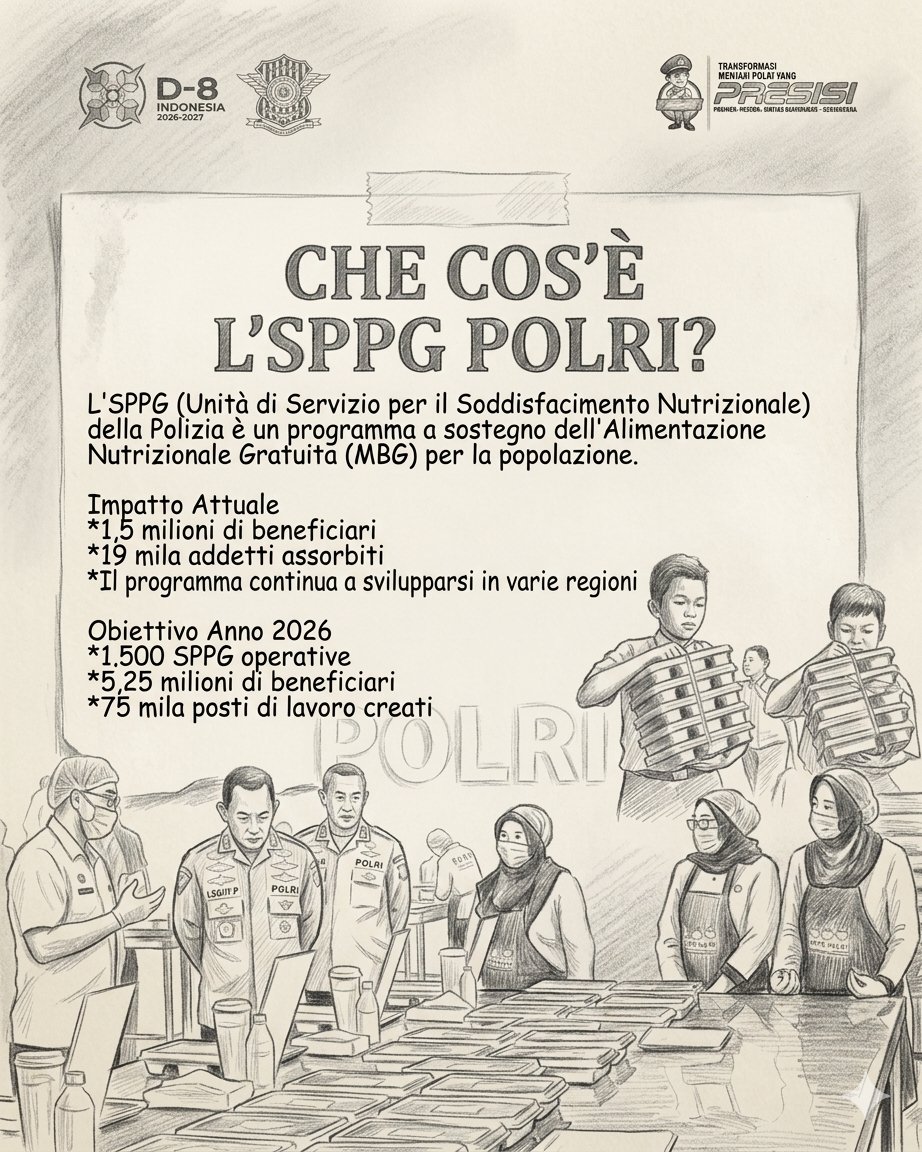 Sebelahkampus's tweet photo. L'SPPG Polri nasce come un passo concreto per sostenere il programma "Pasti Nutrienti Gratuiti" e, allo stesso tempo, migliorare la qualità della vita della popolazione. Ad oggi, questo programma ha già raggiunto oltre 1,5 milioni di beneficiari e creato migliaia di posti di lavoro in diverse regioni.

​Per il futuro, la Polizia Nazionale (Polri) punta a un ulteriore rafforzamento attraverso 1.500 centri SPPG, con l'obiettivo di raggiungere una fetta ancora più ampia della società indonesiana. L'SPPG non è solo un programma nutrizionale, ma parte integrante dell'impegno per formare una generazione sana e produttiva.

​Insieme, costruiamo un futuro più forte attraverso una distribuzione equa della nutrizione. La Polri continua il suo impegno per #GarantireLaSicurezzaAlimentare e sostenere il Programma Nutrizionale per l'Indonesia.

dok : div humas polri / redraw oleh gemini