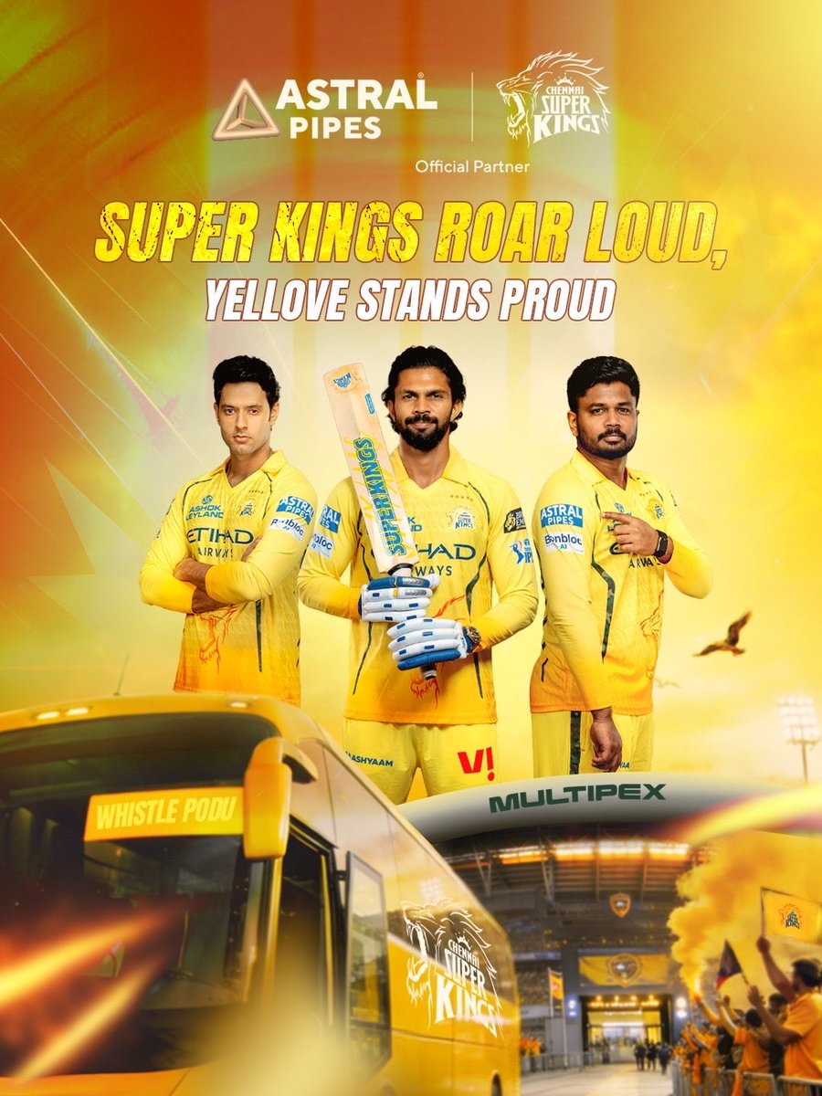 AstralPipes's tweet photo. Keep the yellow flowing, keep the whistles going. Astral Strong Super Kings take charge tonight.

#AstralPipes #AstralStrong #ChennaiSuperKings #WhistlePodu #Yellove https://t.co/DUSgBu1cRO